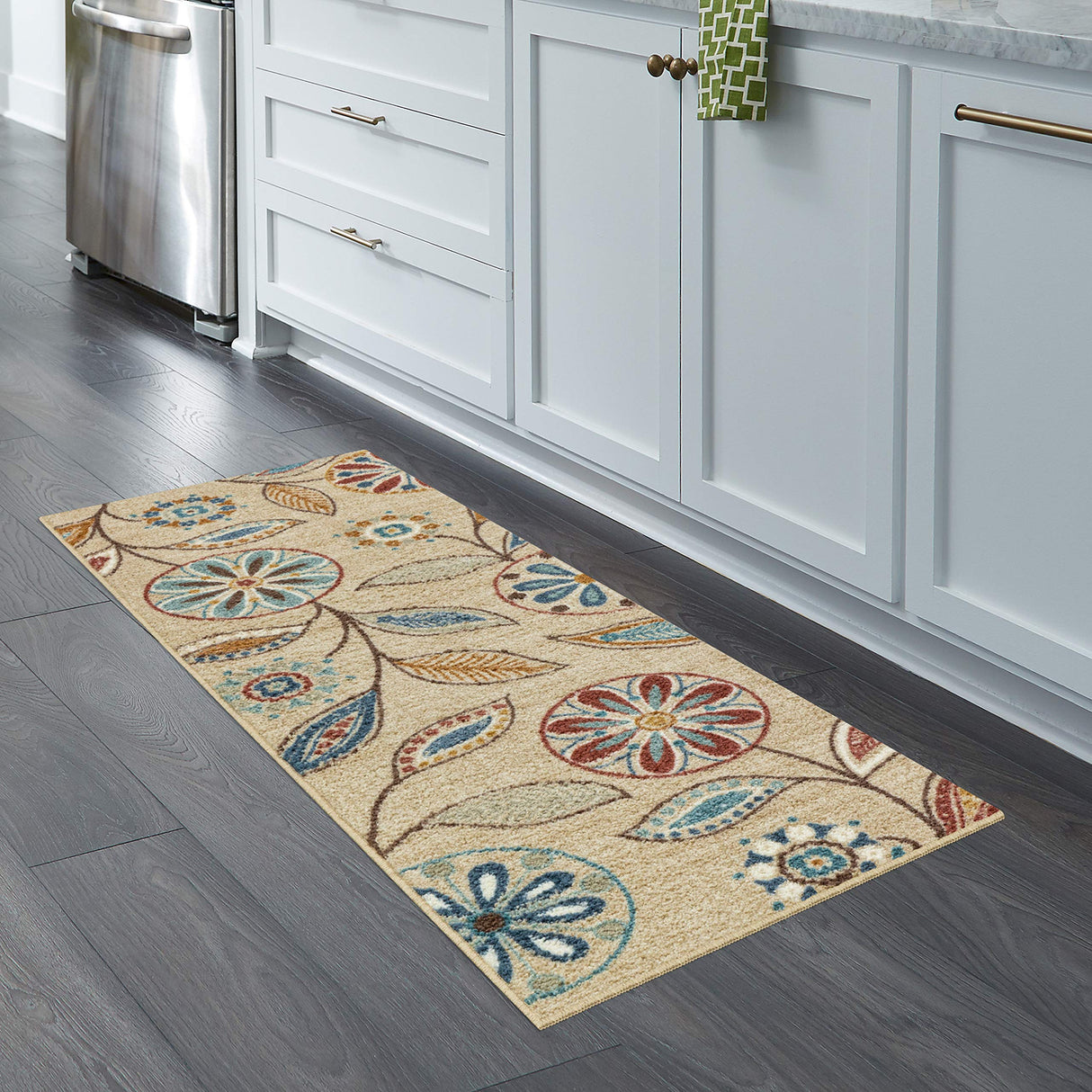 Maples Rugs Reggie Floral Runner Rug - Made in USA - Washable, Non Slip Indoor Carpet for Kitchen, Hallway, and Laundry Room, 2' x 6', Beige Maples Rugs