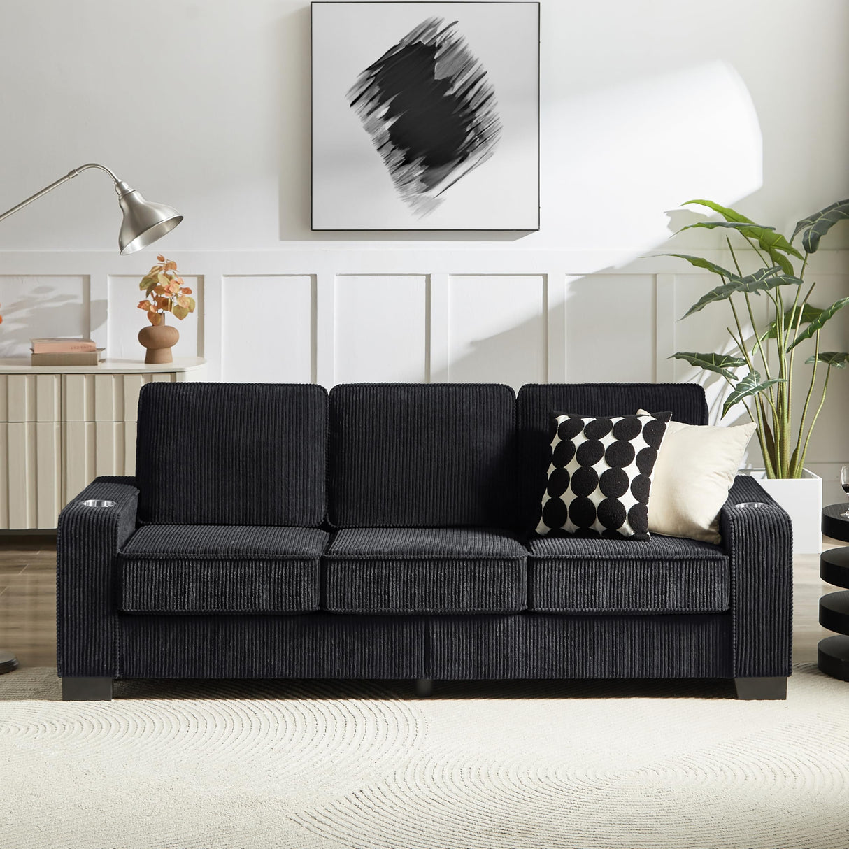 83.86" Couch Sofa with Extra Deep Seat, Modern Corduroy Fabric Sofa Cloud Couch with 2 Cup Holders, Comfy Upholstered 3 Seater Sofa Bed Couches for Living Room, Apartment, Office, Black SLEERWAY
