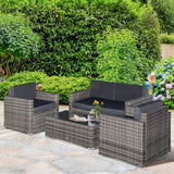 Outsunny 4 Piece Wicker Patio Furniture Set with Cushions, Outdoor Sectional Furniture with 2 Sofa, Loveseat, and Glass Top Coffee Table, Conversation Sofa Sets for Garden, Black Outsunny