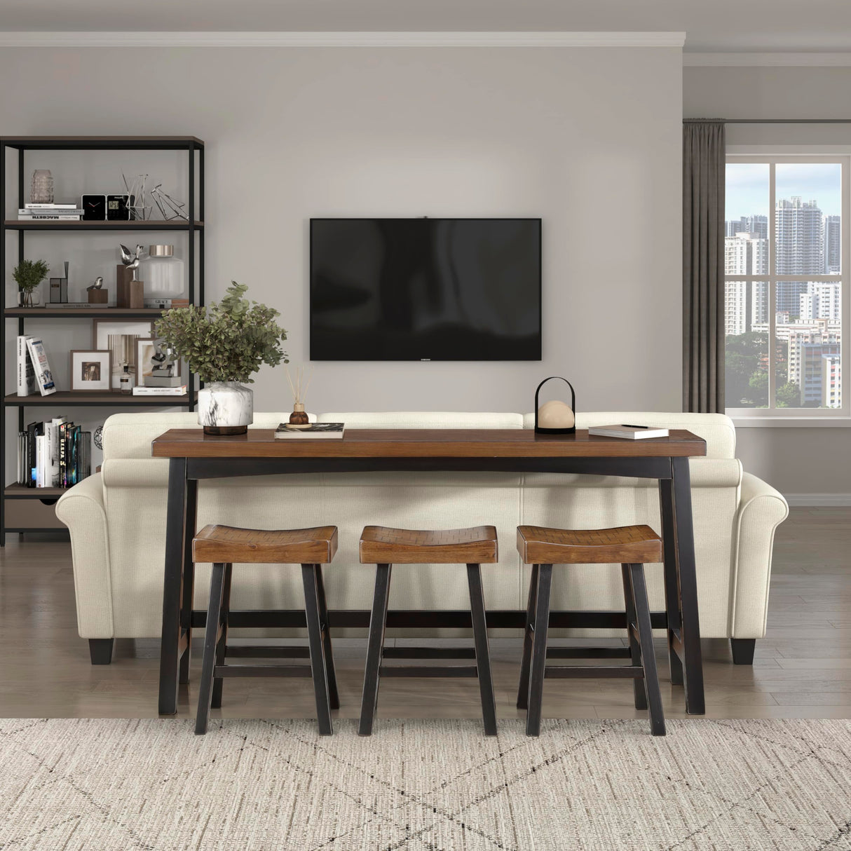 Lexicon 4-Piece Bar Table Set with 3 Saddle Stools for Small Kitchens and Living Spaces, Black/Brown Lexicon