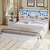 busyaeh Farmhouse Bed Frame Queen Size with Storage Bookcase Headboard, Wooden Queen Bed Frame with Charging Station & Led Light, Rustic Platform Bed Frame with Sliding Barn Door, No Box Spring Needed busyaeh