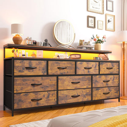 EnHomee 55" W Dresser for Bedroom with 10 Drawers Long Dresser with LED Lights & Power Outlets Wide Dressers & Chests of Drawers Large Dresser for Bedroom Dresser Metal Frame, Wood Top, Rusti - WoodArtSupply