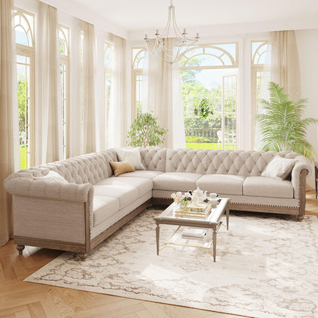 Ball & Cast 104" Sectional Couch L Shape Sofa W/Wood Legs,Leather Corner Couch W/Tufted Backrest & Metal Rivets,6 Seat Sofa W/Rolled Arm,for Living Room,Apartment,Office,Beige Ball & Cast