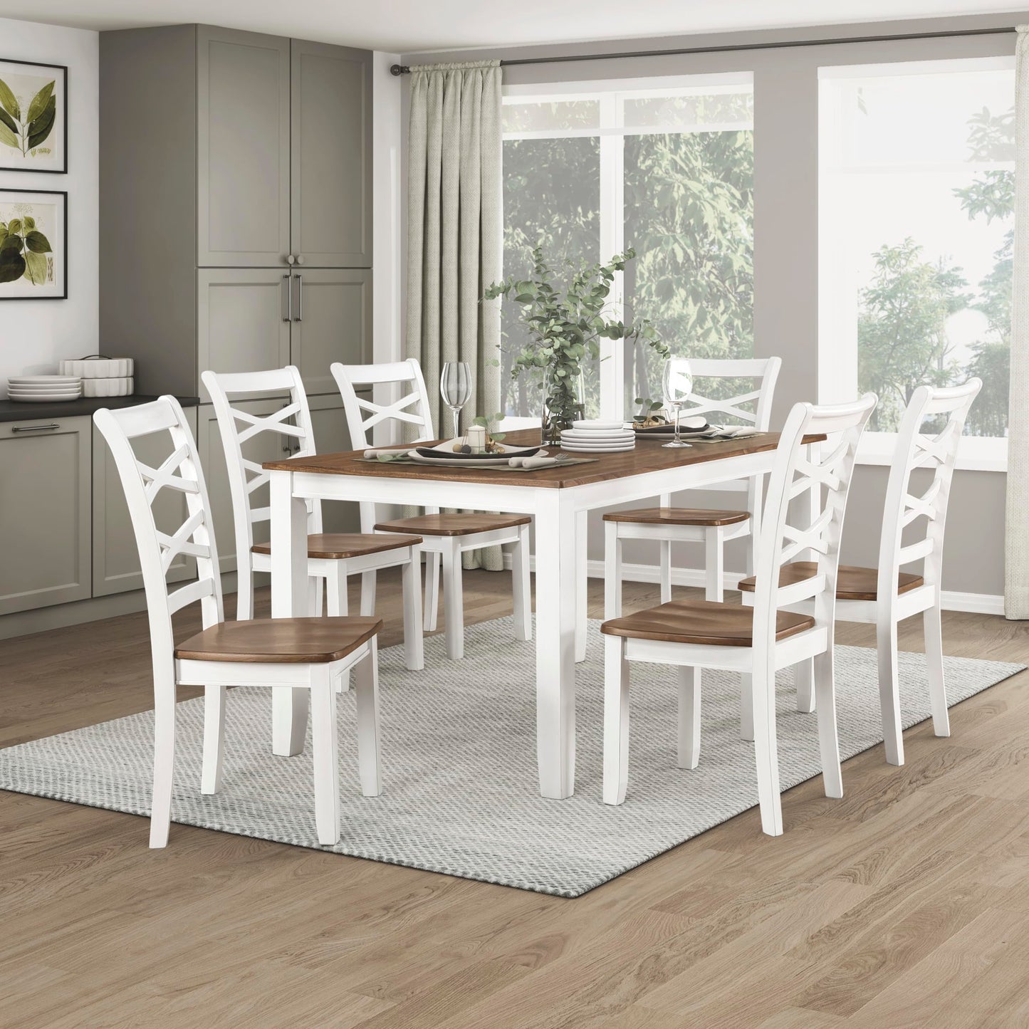 Lexicon Dining Table Set for 6 with Cross Back Chairs, 7 Piece Farmhouse Kitchen Table Set, Solid Wood Dining Room Table and Chairs Set of 6 for Home, Dining Room, Kitchen, Cherry/White - WoodArtSupply