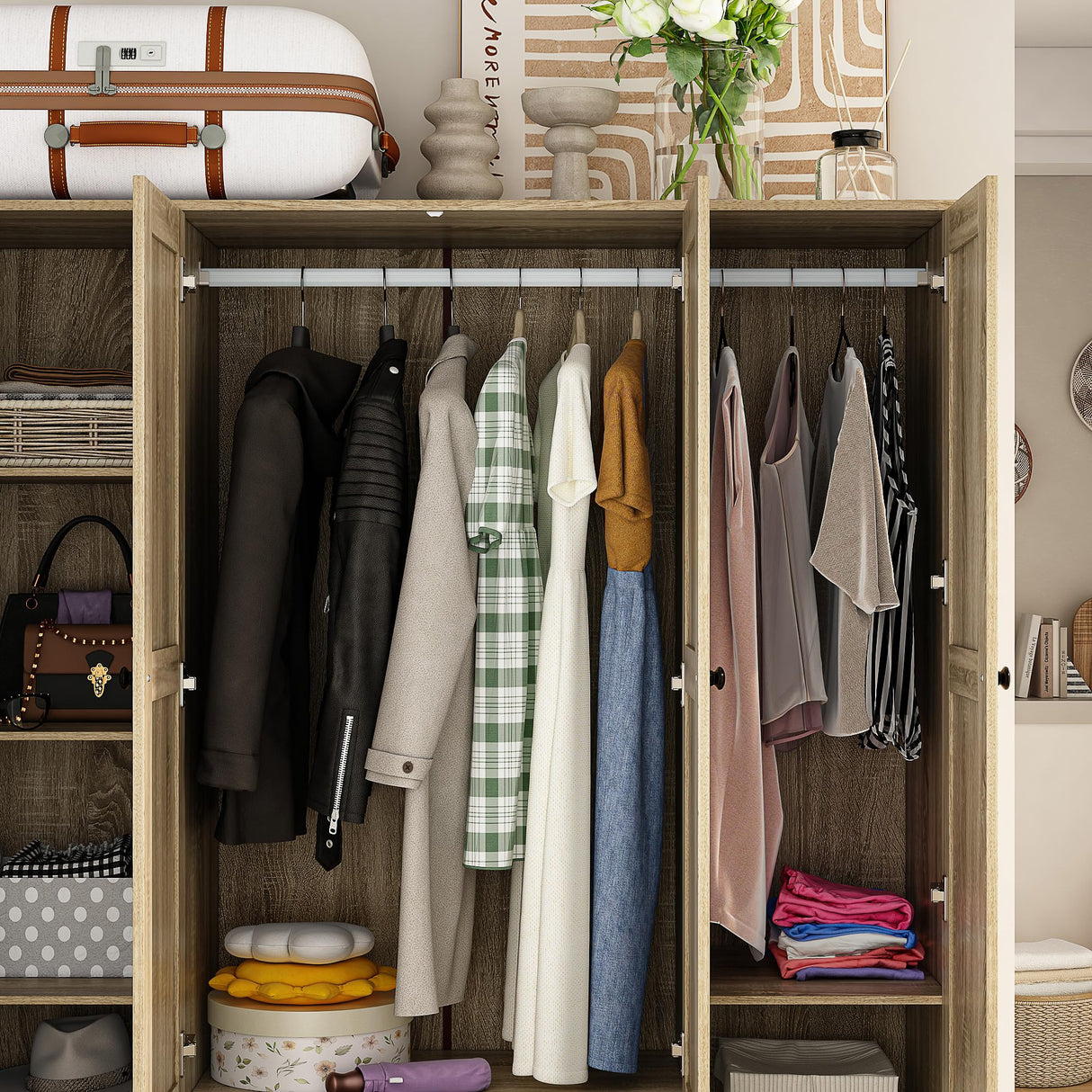 Homsee 8 Door Wardrobe Armoire Closet, Bedroom Cabinet Armoire with Rattan Doors, 5 Drawers, 2 Hanging Bars, Top Cabinets & Shelves, Light Brown Homsee