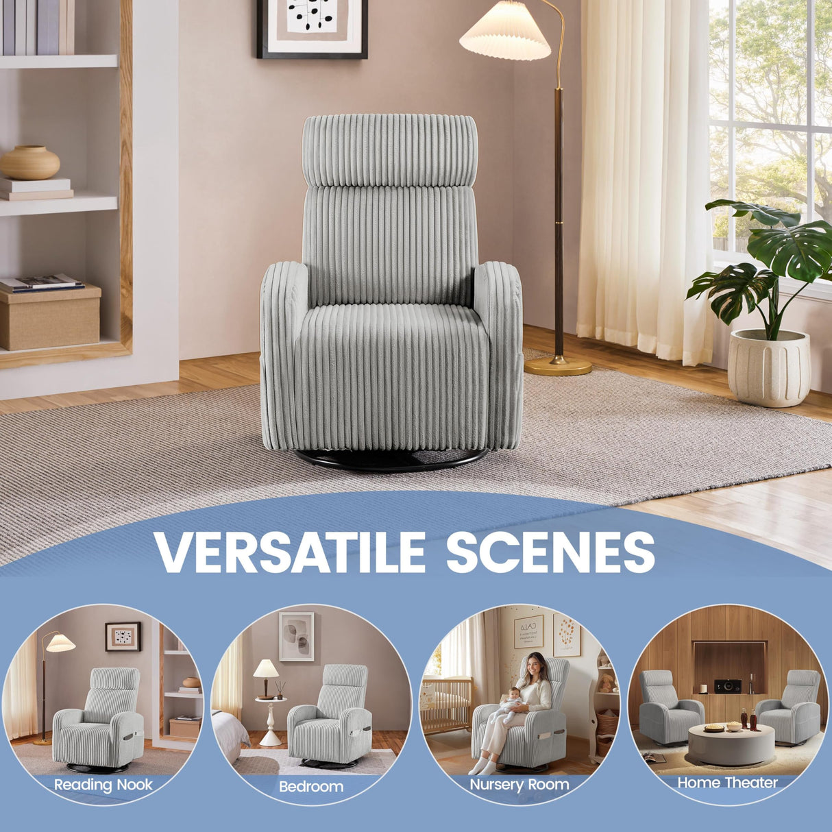 Yaheetech 360° Swivel Glider Chair for Nursery, Rocking Chair Nursing Chair with Side Pockets, Corduroy Glider for Living Room with High Back Light Gray Yaheetech