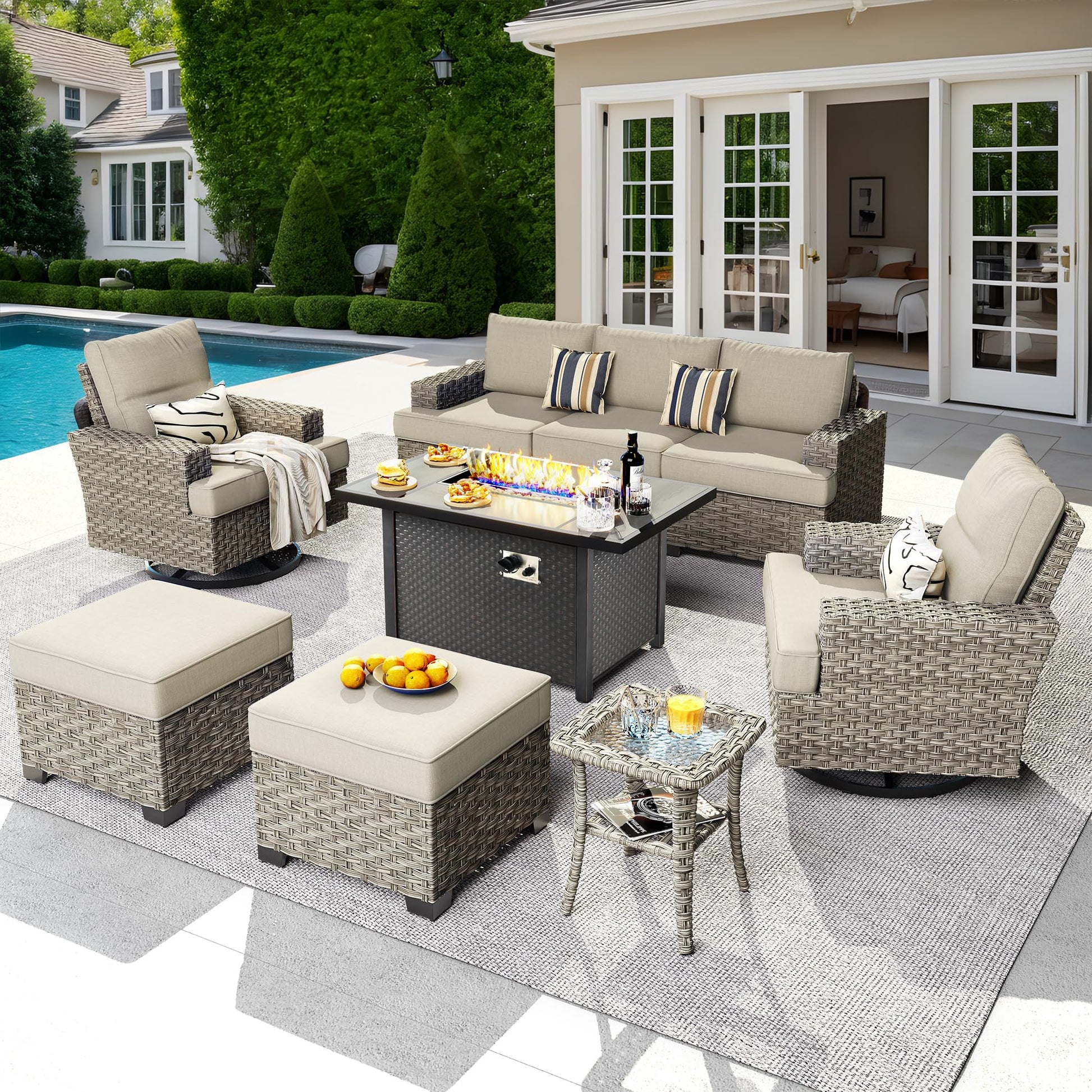 ovios 9 Piece Patio Sectional Furniture with 42" Fire Pit Table, Rattan Wicker Coversation Set with Swivel Chairs, Outdoor Sofa Set for Outside Porch Balcony Backyard Pool,Beige - WoodArtSupply