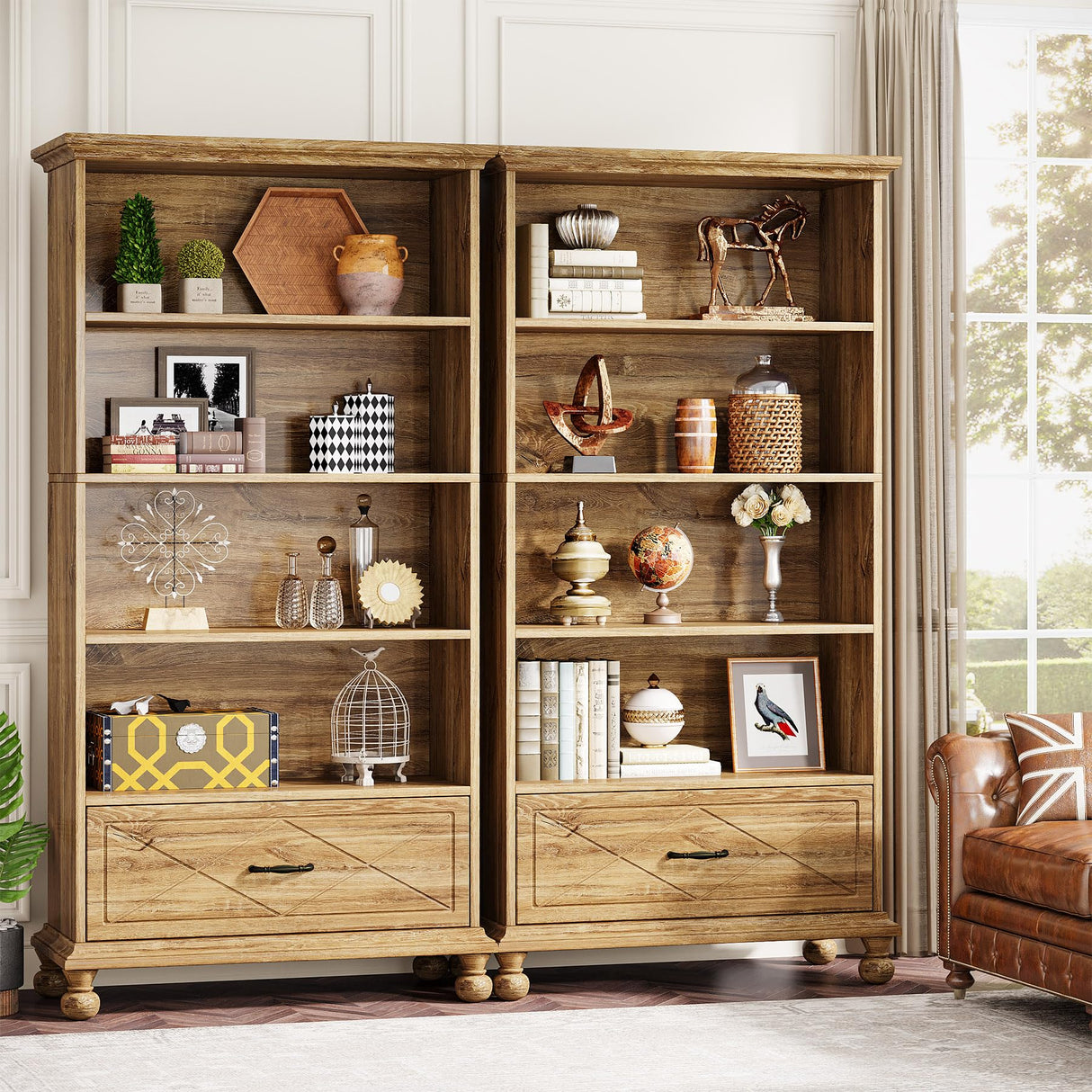 Tribesigns 6-Tier Oak Bookcase Set with Drawer and Solid Wood Legs - 71 Inch Tall Freestanding Bookshelf Tribesigns