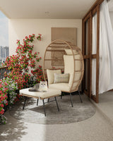 GarveeLife Oversize Wicker Egg Chair with Ottoman, Egg Shaped Lounge Chair with Thick Cushion, Comfy Egg Rattan Seat for Indoor Outdoor Patio Porch Backyard, Beige GarveeLife