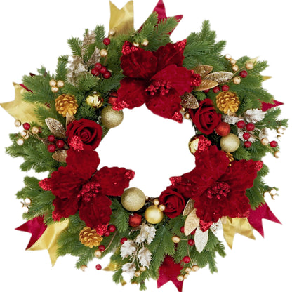 Christmas Wreaths for Front Door, Soomeir Outdoor Winter Wreaths, Large Welcome Wreath with Lights for Holiday Outside Indoors Office Mantle Window (Red Gold)