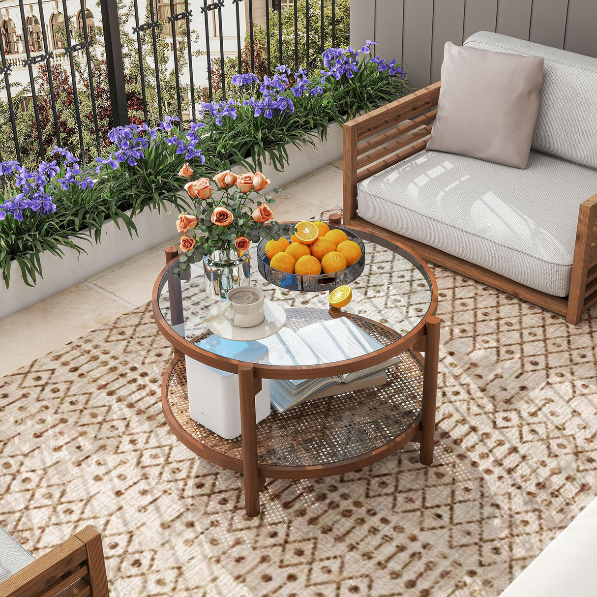 Giantex Rattan Coffee Table, Boho Round Glass Tea Table with PE Rattan Storage Shelf & Wood Frame, 2 Tier Accent Center Table for Living Room, Apartment, Small Space Giantex