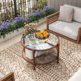 Giantex Rattan Coffee Table, Boho Round Glass Tea Table with PE Rattan Storage Shelf & Wood Frame, 2 Tier Accent Center Table for Living Room, Apartment, Small Space Giantex