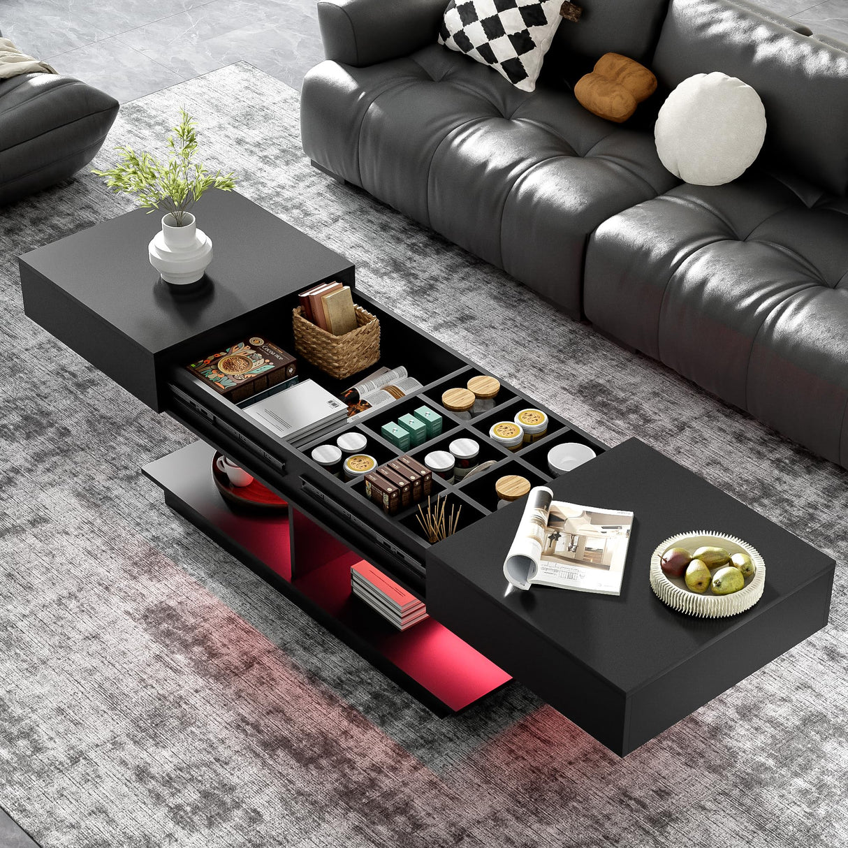 Mcltopz Extendable Coffee Table with with Hidden Storage and LED Lights, Modern 41.3''-76.7'' Rectangular High-Gloss Adjustable Center Table Cocktail Tea Table with Multiple Storage Compartments Black Mcltopz
