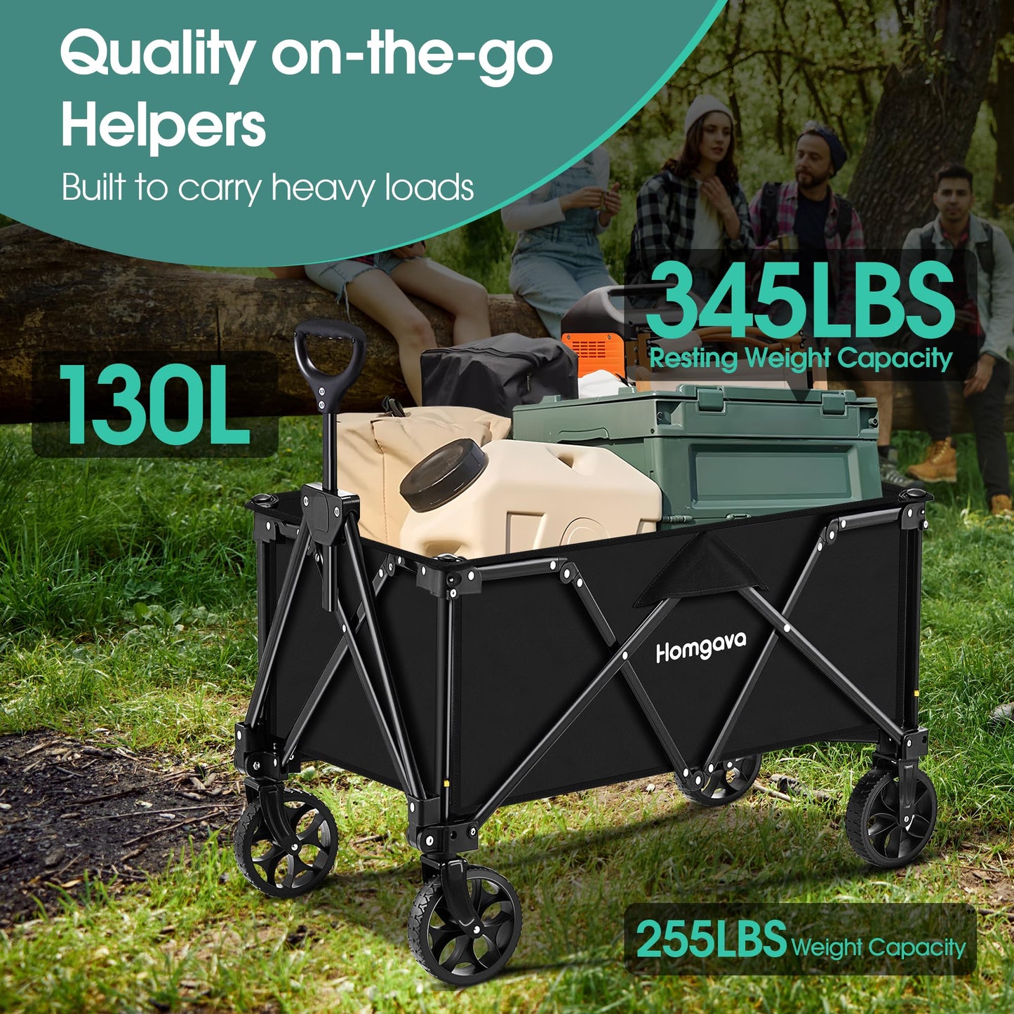 Homgava Collapsible Folding Wagon Cart, Large Capacity Camping Wagon, All Terrain Foldable Wagon, Heavy Duty Utility Wagon Cart for Grocery Outdoor Beach Gardening Shopping Fishing Black