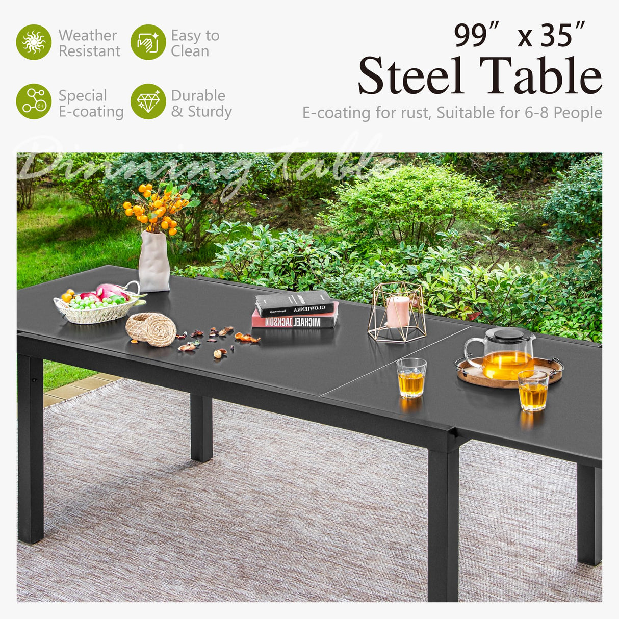 Sophia & William Expandable Patio Dining Table, Extra Large 99.2" L x 35.5" W Outdoor Dining Table for 6-10 Person Metal Rectangular Patio Table with E-Coating for Garden Porch Deck (Black) Sophia & William