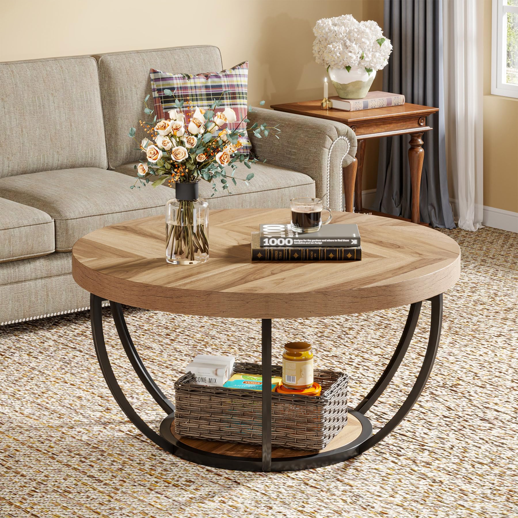 Tribesigns 31.7" Round Coffee Table, Industrial 2-Tier Circle Coffee Table with Storage Shelves, Modern Wooden Accent Center Table Sofa Side Table for Living Room, Home Office, Wooden Grain - WoodArtSupply