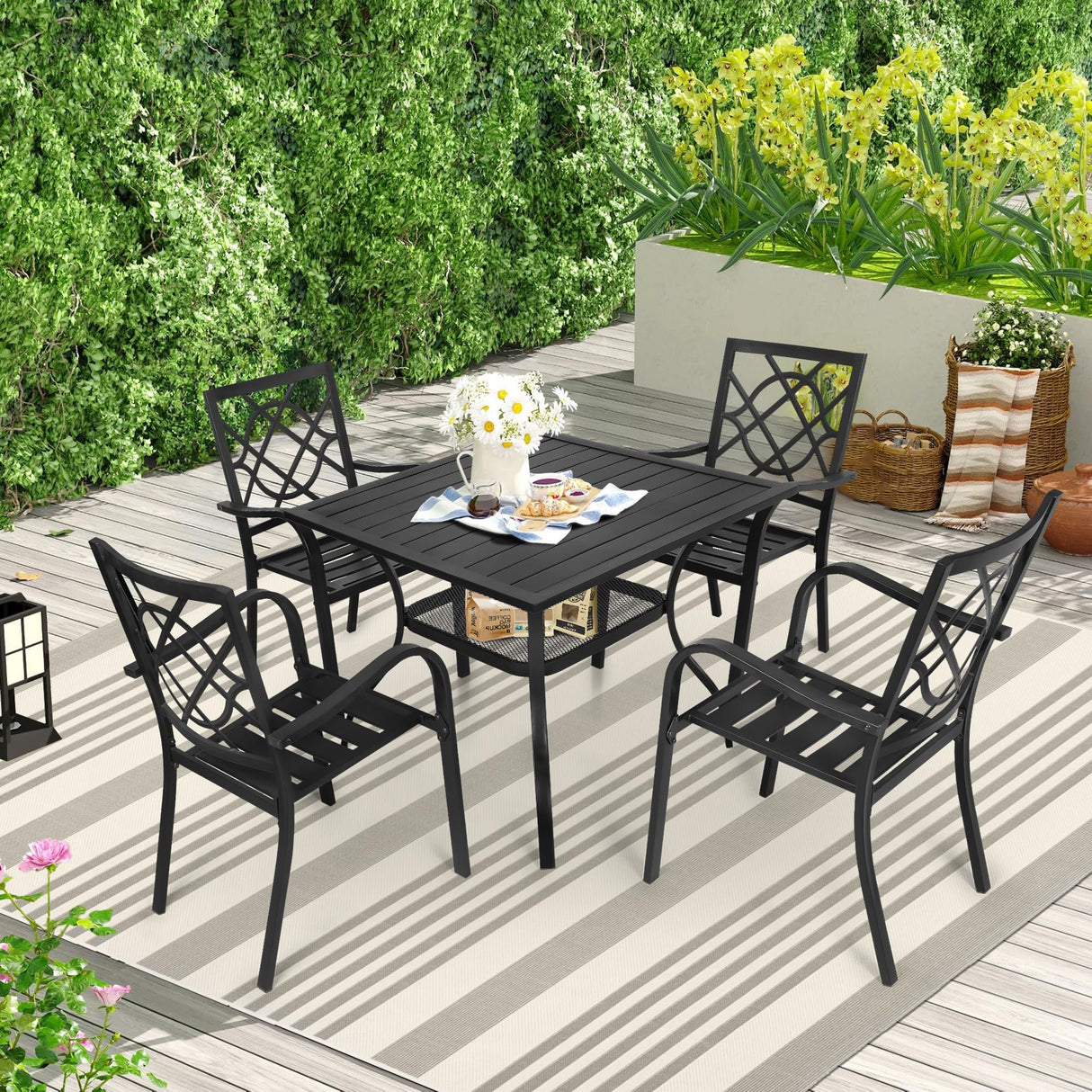 SUNCROWN 5-Piece Outdoor Wrought Iron Chairs and Table Patio Dining Furniture Set - 4 Stackable Metal Chairs, 1 Steel Slat Bistro Table for Garden Backyard Deck SUNCROWN