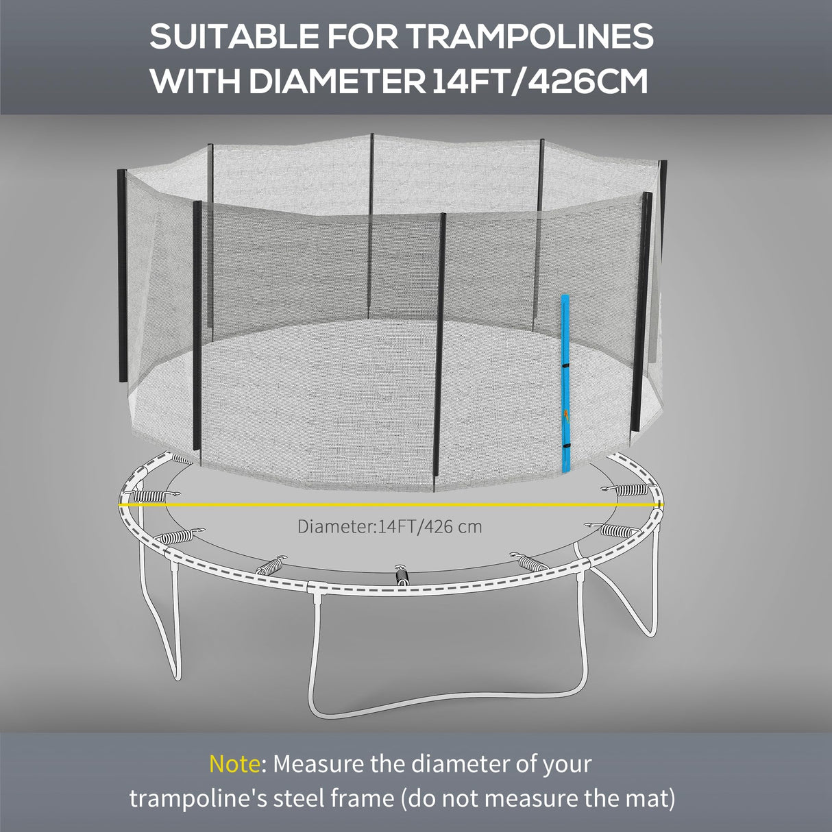 Soozier Trampoline Safety Net for 14ft Round Trampoline with 8 Straight Poles Poles Not Included, Weather Resistant Trampoline Net Replacement Enclosure with Yellow Zippered Entrance, Blue Soozier