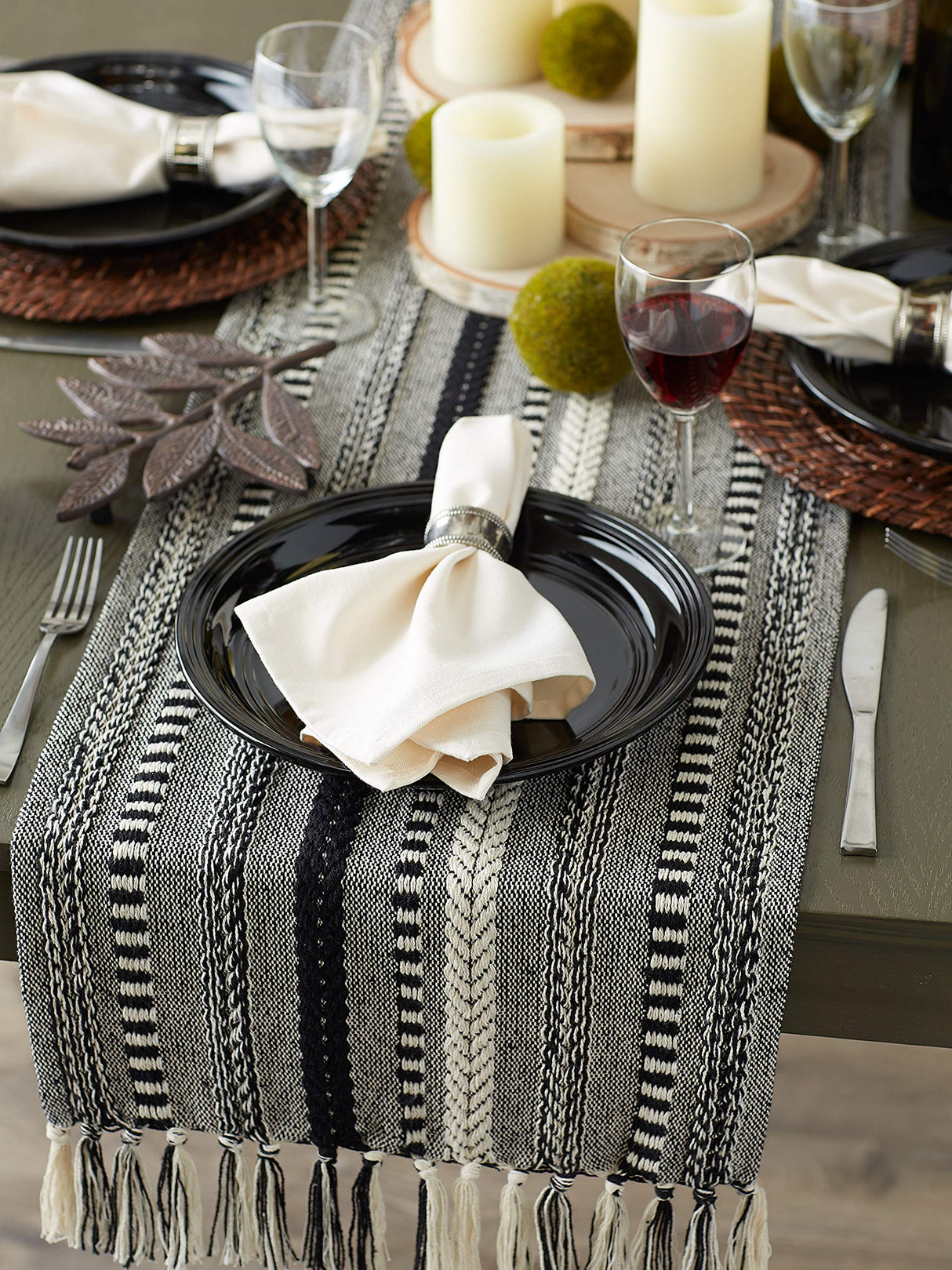 DII Farmhouse Braided Stripe Table Runner Collection, 15x72 (15x77, Fringe Included), Black DII
