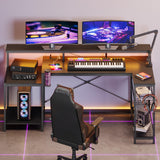 Bestier Gaming Desk with Power Outlet, 71.5 inch LED Computer Desk with Monitor Stand, L Shaped Large Desk with Metal Shelf, Cup Holder & Headset Hooks, Corner Desk for Bedroom 3D Carbon Fiber Bestier