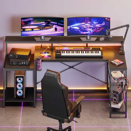 Bestier Gaming Desk with Power Outlet, 71.5 inch LED Computer Desk with Monitor Stand, L Shaped Large Desk with Metal Shelf, Cup Holder & Headset Hooks, Corner Desk for Bedroom 3D Carbon Fiber Bestier