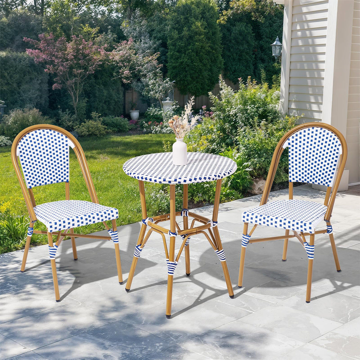 3 Piece French Wicker Bistro Set, Patio Bistro Set with Table and 2 Dining Chairs, All Weather ‎Outdoor ‎Bistro Set with Aluminum Frame, Outdoor Patio Set for Patio Porch Cafes Yard, Navy and White Dovov