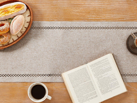 Aoztio Burlap Style Farmhouse Table Runner, 13 x 36 Inch Coffee, Rustic Geometric Hollow Table Runners 36 Inches Long for Dresser Table Everyday Use, 13x36 Inches, Coffee Aoztio