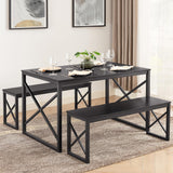 VECELO Kitchen Table with 2 Benches for 4, Wood Dining Room Dinette Sets with Metal Frame for Breakfast Nook and Small Space, Black VECELO