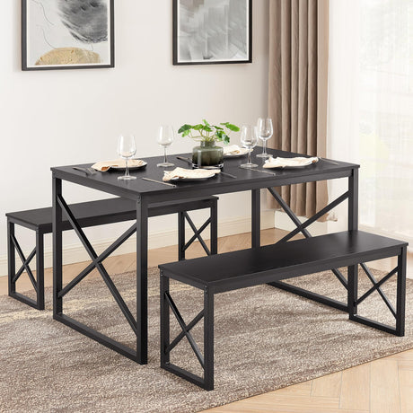 VECELO Kitchen Table with 2 Benches for 4, Wood Dining Room Dinette Sets with Metal Frame for Breakfast Nook and Small Space, Black VECELO