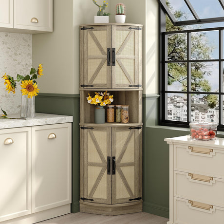 Vabches 64.8" Tall Farmhouse Rattan Corner Cabinet with 4 Doors and 5 Storage Shelves, Farmhouse Storage Cabinet with Barn Door Design, Home Space Saver for Living Room, Kitchen, Laundry Room,Natural Vabches