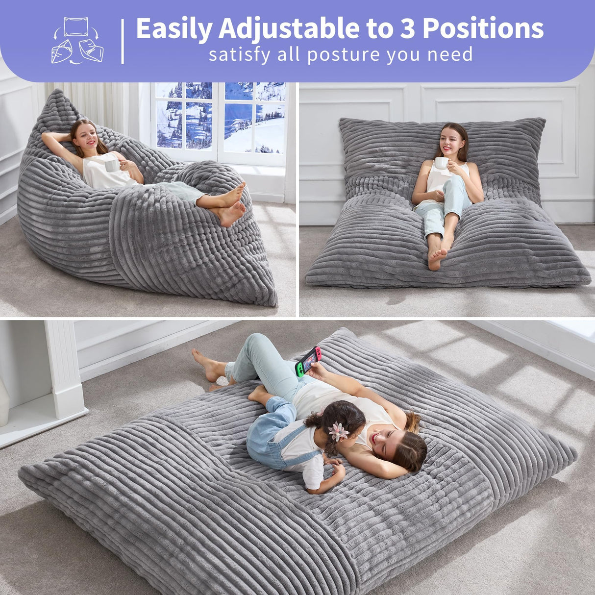 Hobestluk 3 in 1 Bean Bag Chair Giant Bean Bag Chairs Convertible Bean Bag Floor Cushion with Machine Washable Cover, Beanbag Chairs for Adult (Grey) Hobestluk