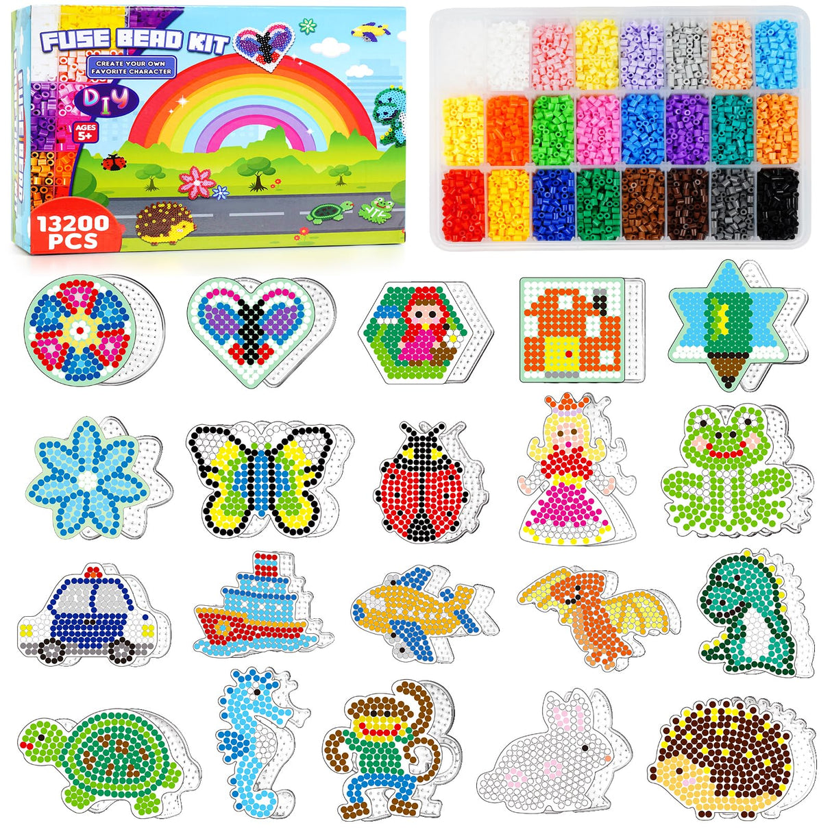 FUNZBO 13200 5mm Fuse Beads Kit - Fuse Beads Set with 20 pcs Special Shaped Pegboards, Home School Arts and Crafts Supplies for Kids, Gifts for Girls and Boys Age 5+ Years Old FUNZBO