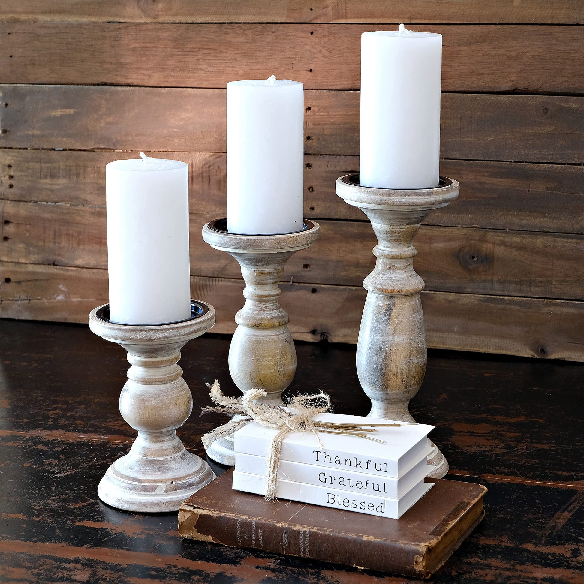 Candle Holders for Pillar Candles, Wooden Table Centerpiece, Set of 3, Wood Candle Holders, Rustic Pillar Candle Holder, Farmhouse Candle Holders Fireplace White - WoodArtSupply