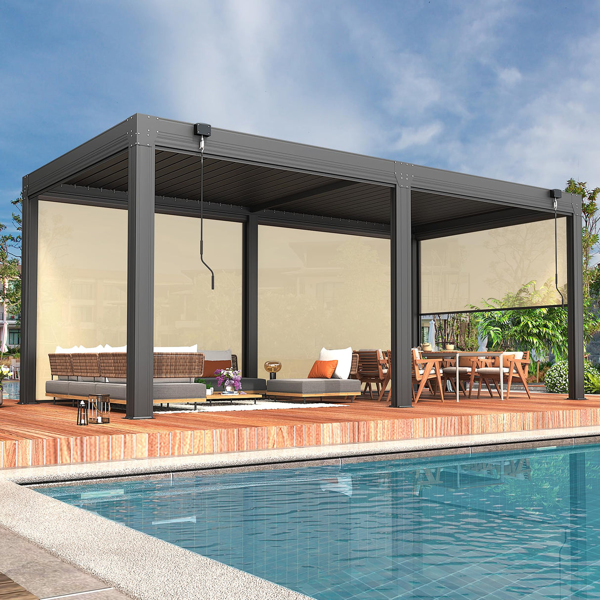 YOLENY 10x20ft Louvered Pergola, Outdoor Pergola with Adjustable Rainproof Roof, Aluminum Gazebo with 6 Panels Pull-Down Screen for Patio, Lawn, Garden, Backyard, Deck, Dark Gray YOLENY