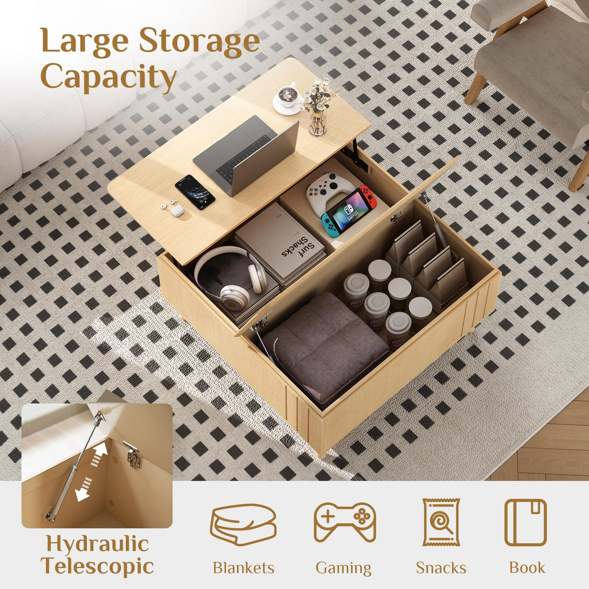 JOINICE, Lift Top Coffee Table with Storage,Large Square Coffee Tables for Living Room,Mid Century Modern Center Table for Home Office, Oak JOINICE