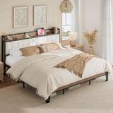 LIKIMIO King Bed Frames, Storage Headboard with Charging Station, Solid and Stable, Noise Free, No Box Spring Needed, Easy Assembly, Wood and Cream LIKIMIO