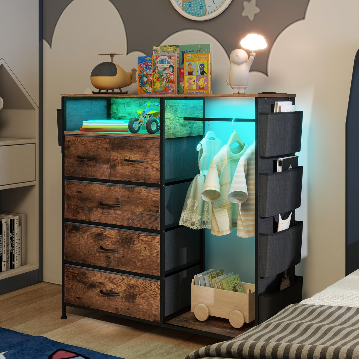 Espelism Dresser for Bedroom with Clothes Rack & Side Pockets 5 Drawer Dresser with Charging Station & LED Lights Black Storage Chest of Drawers for Hallway Closet Sturdy Steel Frame Wood Top (Brown) Espelism