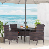 Kurapika 5-Piece Patio Furniture Outdoor Dining Set, Wicker Rattan Patio Dining Table and Chairs Set, Square Tempered Glass Tabletop with Umbrella Hole and 4 Chair Set, Red Kurapika