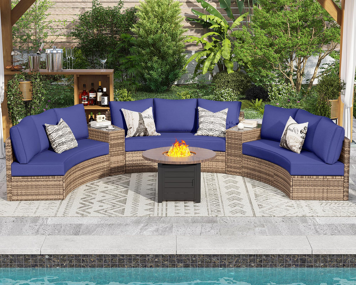 PaPaJet 11-Piece Patio Furniture Set, Half-Moon Outdoor Wicker Sectional Sofa with Large Storage Wedge Table, All-Weather Wicker Conversation Set for Backyard, Garden, or Deck, Blue PaPaJet