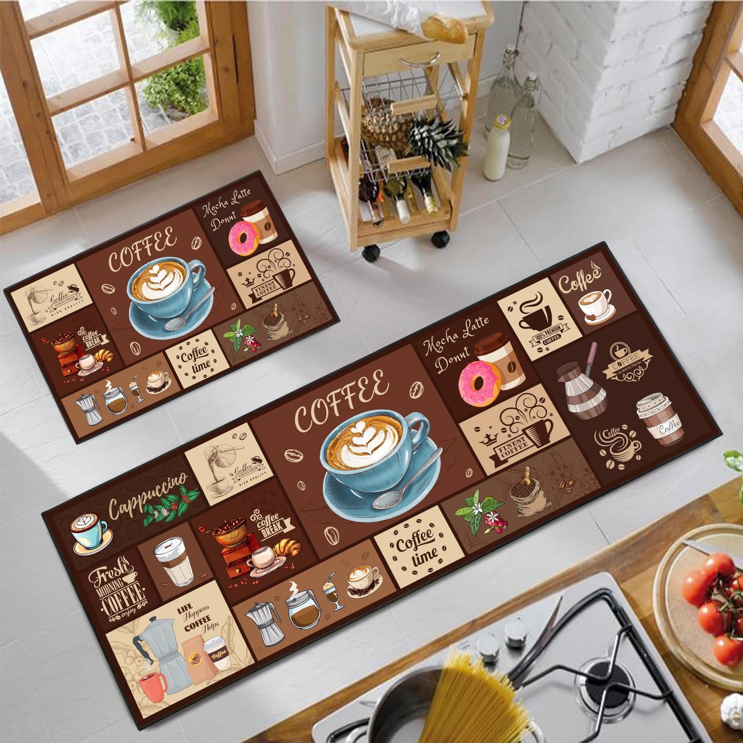 SHUNLCD Coffee Kitchen Decor Rug 2 Piece Set, Country Farmhouse Style Kitchen Floor Mat, Absorbent and Washable Runner Decorations Rug 17×30+17×47 Inches