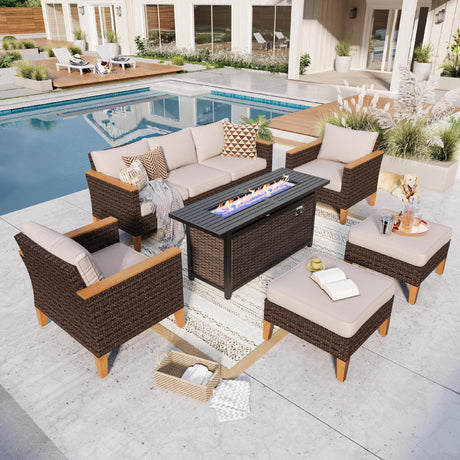 GREEN PARTY 7 Pieces Wicker Patio Furniture Set with 56" Fire Pit Table, All-Weather Outdoor Rattan Patio Sectional Sofa Conversation Set 7 Seats with 4" Thick Cushions for Garden, Backyard GREEN PARTY