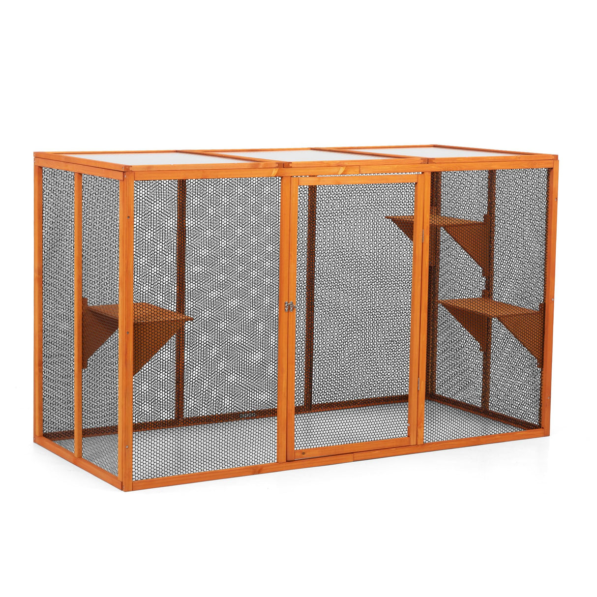 COZIVVOVV Wooden Cat House, Catio Outdoor Cat Enclosure, Large Cat Cage with 3 Platforms, Door and Asphalt Roof, Kitty Condo Indoor Playpen (Orange-New, Large) COZIVVOVV