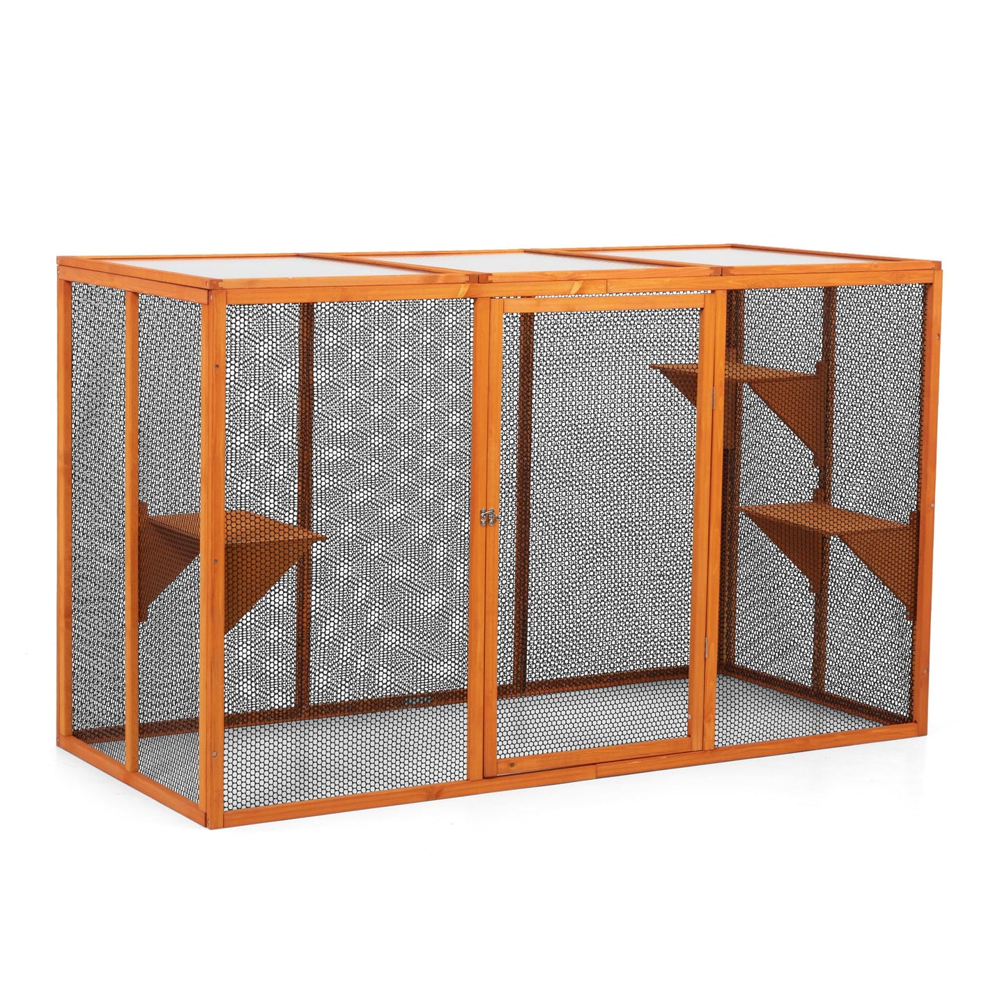 COZIVVOVV Wooden Cat House, Catio Outdoor Cat Enclosure, Large Cat Cage with 3 Platforms, Door and Asphalt Roof, Kitty Condo Indoor Playpen (Orange-New, Large) - WoodArtSupply