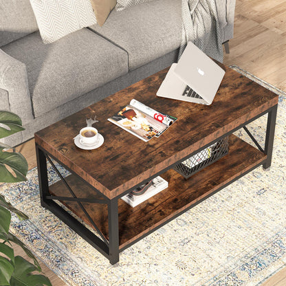 Tribesigns Industrial Coffee Table, 43 inch Cocktail Table with Storage Shelf for Living Room, 2 Tier Rectangle Center Table Tea Table with X-Shaped Steel Frame, Easy Assembly, Rustic Brown - WoodArtSupply