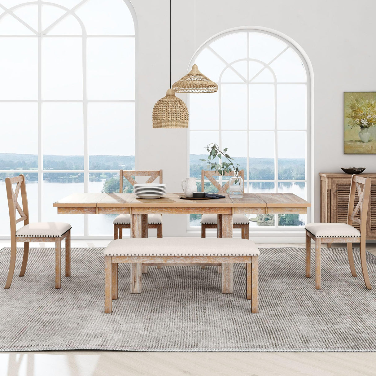 XD Designs Farmhouse 6-Piece Extendable Dining Room Table Sets, Acacia Wood 82'' Dining Table with 2 Removable Leaf and Upholstered Dining Chairs& Bench, Soft Cushion with Rivet (Natural+Be) XD Designs