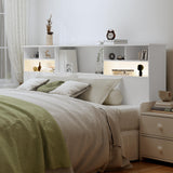 AYEASY King Size Headboard for Bedroom, Stylish Bookcase Headboard with Built-in Charging Station & 2 LED Lights, Engineered Wood Headboard, Noise-Free HeadBoard King Size with Storage, White AYEASY