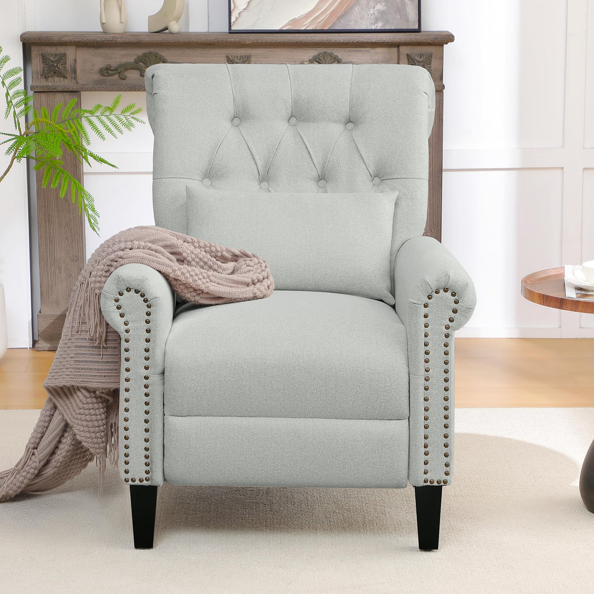 choairy Pushback Recliner Chair, Accent Push Back Chair with Adjustable Footrest Wingback, Upholstered Linen Fabric Reclining Sofa with Side Pocket, Comfy Modern Armchair for Living Room, Light Grey choairy