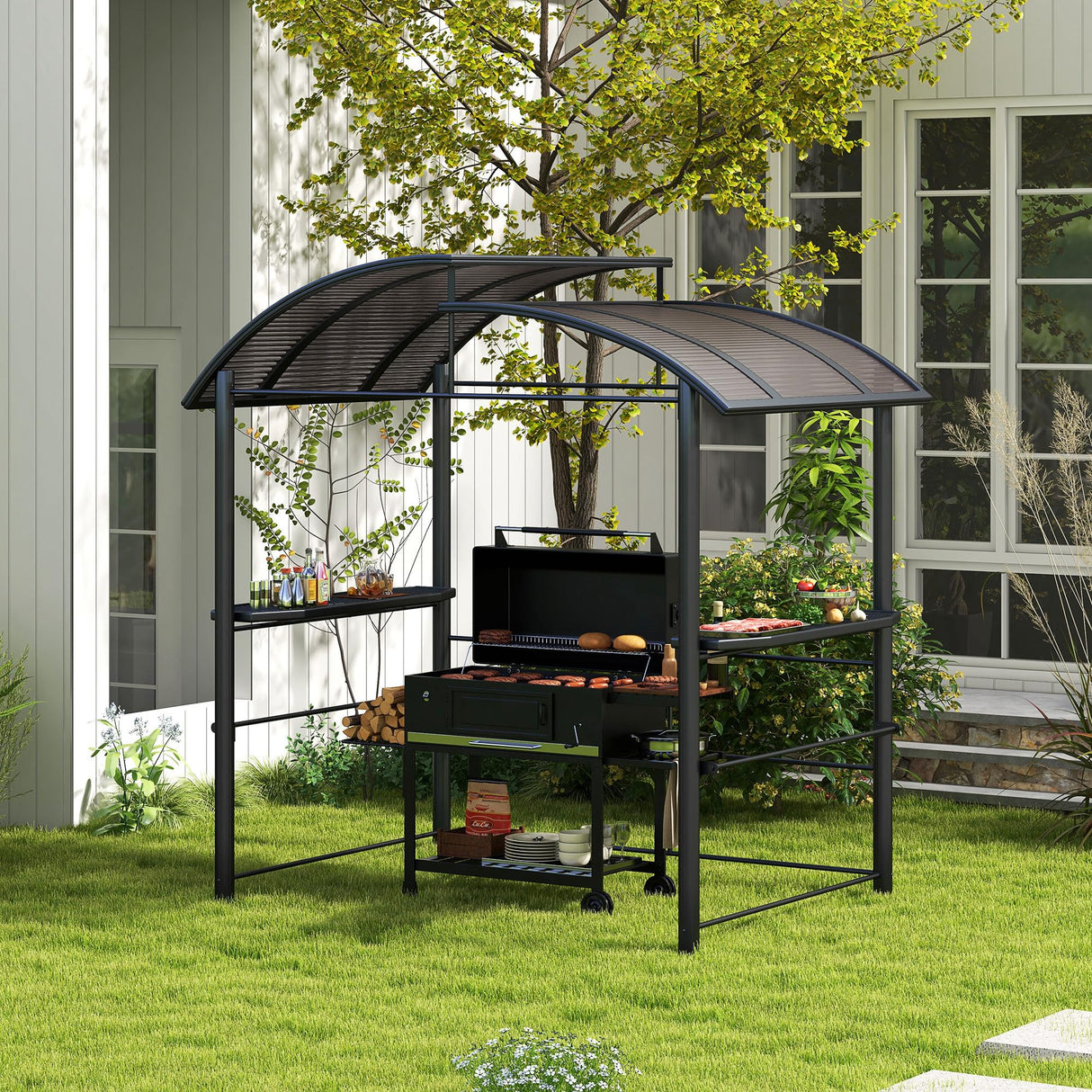Outsunny 8' x 5' Grill Gazebo Shelter with Interlaced Vented Polycarbonate Roof, Outdoor BBQ Canopy with Side Shelves, Steel Frame for Garden, Patio, Backyard, Dark Gray Aosom