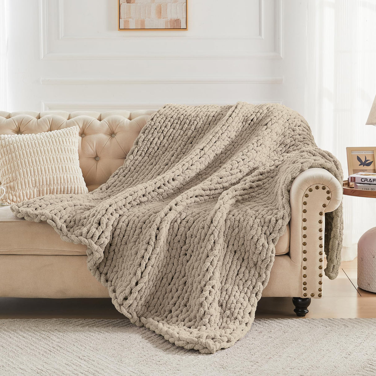 Carriediosa Chunky Knit Throw Blanket 50" X 60", 100% Hand Made Large Chenille Loop Yarn Soft Fluffy Throws for Couch Sofa Bed, Big Crochet Cozy Heavy Thick Cable Woven Blankets, Taupe Carriediosa