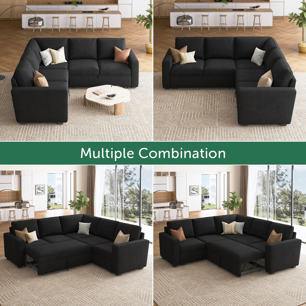 HONBAY Modular Sectional Sleeper Sofa with Pull Out Bed, Velvet L Shaped Sectional Couch with Storage Seat, Convertible Sectional Couches for Living Room, Black HONBAY